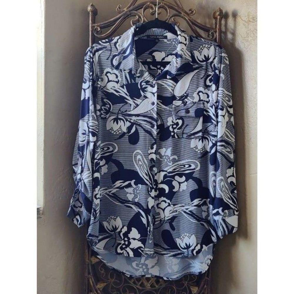 Lynn Ryan Mens Navy White Floral Long Sleeve Button Top Size L